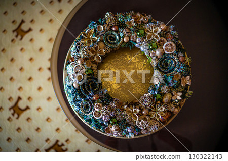 Christmas wreath decoration on a wooden door Christmas wreath decoration on a wooden door 130322143