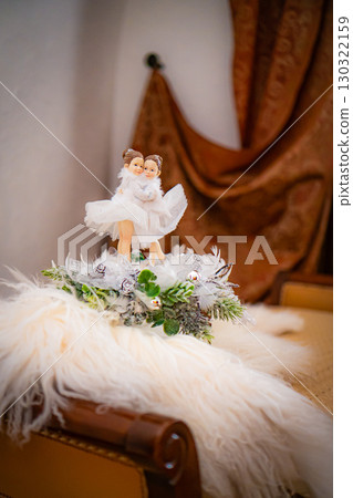 Christmas table composition. Beautiful decoration. Christmas trees, candles, stars, lights and elegant accessories. Merry Christmas and Happy Holidays, Template. 130322159