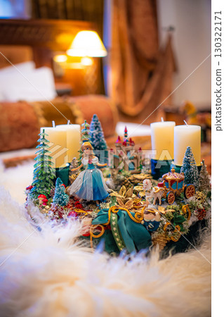 Christmas table composition. Beautiful decoration. Christmas trees, candles, stars, lights and elegant accessories. Merry Christmas and Happy Holidays, Template. Christmas table composition. Beautiful decoration. Christmas trees, candles, stars, lights and elegant accessories. Merry Christmas and Happy Holidays, Template. 130322171
