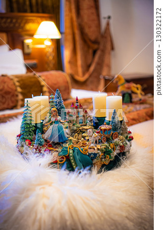 Christmas table composition. Beautiful decoration. Christmas trees, candles, stars, lights and elegant accessories. Merry Christmas and Happy Holidays, Template. Christmas table composition. Beautiful decoration. Christmas trees, candles, stars, lights and elegant accessories. Merry Christmas and Happy Holidays, Template. 130322172