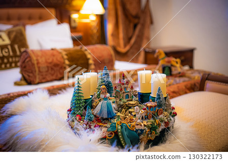 Christmas table composition. Beautiful decoration. Christmas trees, candles, stars, lights and elegant accessories. Merry Christmas and Happy Holidays, Template. Christmas table composition. Beautiful decoration. Christmas trees, candles, stars, lights and elegant accessories. Merry Christmas and Happy Holidays, Template. 130322173