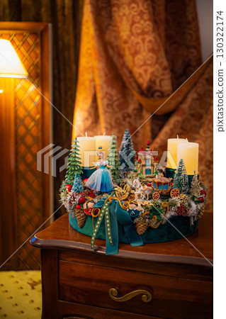 Christmas table composition. Beautiful decoration. Christmas trees, candles, stars, lights and elegant accessories. Merry Christmas and Happy Holidays, Template. Christmas table composition. Beautiful decoration. Christmas trees, candles, stars, lights and elegant accessories. Merry Christmas and Happy Holidays, Template. 130322174
