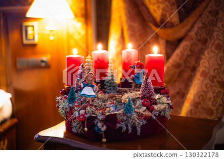 Christmas table composition. Beautiful decoration. Christmas trees, candles, stars, lights and elegant accessories. Merry Christmas and Happy Holidays, Template. Christmas table composition. Beautiful decoration. Christmas trees, candles, stars, lights and elegant accessories. Merry Christmas and Happy Holidays, Template. 130322178