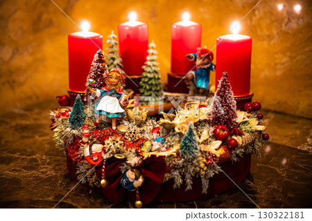 Christmas table composition. Beautiful decoration. Christmas trees, candles, stars, lights and elegant accessories. Merry Christmas and Happy Holidays, Template. Christmas table composition. Beautiful decoration. Christmas trees, candles, stars, lights and elegant accessories. Merry Christmas and Happy Holidays, Template. 130322181