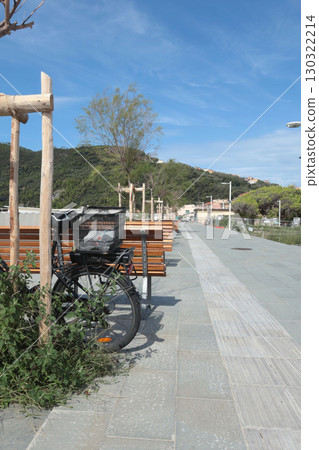 New promenade, embankment with young trees by sea, park, benches in resort town. Nature and recreation. Sunny day and clear sky. Ecologically clean nature. New promenade, embankment with young trees by sea, park, benches in resort town. Nature and recreation. Sunny day and clear sky. Ecologically clean nature. 130322214