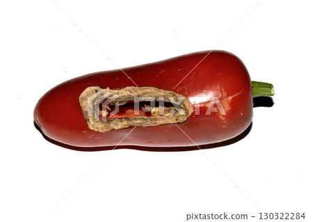 Home grown chilli pepper vegetable wonky and damaged eaten by slugs and pests ruined Home grown chilli pepper vegetable wonky and damaged eaten by slugs and pests ruined 130322284