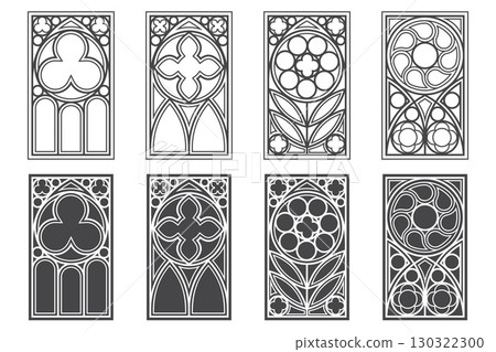 Church windows with arched frames. Cathedral gothic stained glass. Old architecture elements. Medieval castle doors silhouettes on white background. Catholic interior decoration. Vector 130322300