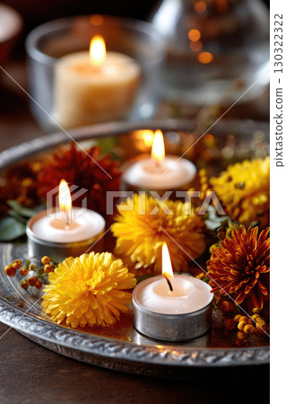 candles and autumnal flowers Closeup of beautiful autumnal flowers and white small candles with flame on silver tray, Diwali concept 130322322