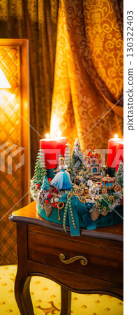 Christmas table composition. Beautiful decoration. Christmas trees, candles, stars, lights and elegant accessories. Merry Christmas and Happy Holidays, Template. Christmas table composition. Beautiful decoration. Christmas trees, candles, stars, lights and elegant accessories. Merry Christmas and Happy Holidays, Template. 130322403