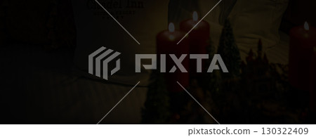 Christmas table composition. Beautiful decoration. Christmas trees, candles, stars, lights and elegant accessories. Merry Christmas and Happy Holidays, Template. 130322409