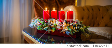 Christmas table composition. Beautiful decoration. Christmas trees, candles, stars, lights and elegant accessories. Merry Christmas and Happy Holidays, Template. Christmas table composition. Beautiful decoration. Christmas trees, candles, stars, lights and elegant accessories. Merry Christmas and Happy Holidays, Template. 130322412