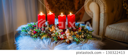 Christmas table composition. Beautiful decoration. Christmas trees, candles, stars, lights and elegant accessories. Merry Christmas and Happy Holidays, Template. Christmas table composition. Beautiful decoration. Christmas trees, candles, stars, lights and elegant accessories. Merry Christmas and Happy Holidays, Template. 130322413
