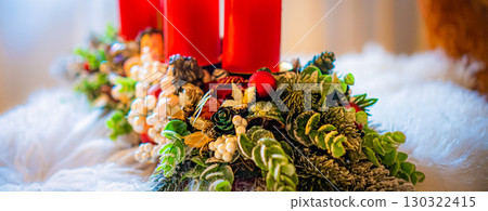 Christmas table composition. Beautiful decoration. Christmas trees, candles, stars, lights and elegant accessories. Merry Christmas and Happy Holidays, Template. Christmas table composition. Beautiful decoration. Christmas trees, candles, stars, lights and elegant accessories. Merry Christmas and Happy Holidays, Template. 130322415