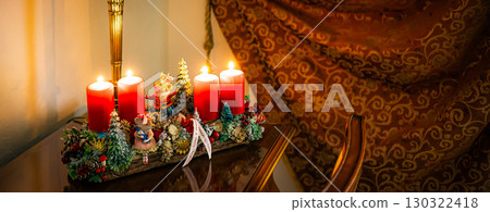 Christmas table composition. Beautiful decoration. Christmas trees, candles, stars, lights and elegant accessories. Merry Christmas and Happy Holidays, Template. Christmas table composition. Beautiful decoration. Christmas trees, candles, stars, lights and elegant accessories. Merry Christmas and Happy Holidays, Template. 130322418