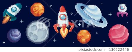 Pixel space planet set with rocket ship 130322446