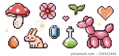 Pixel icon set with 8 bit assets 130322448