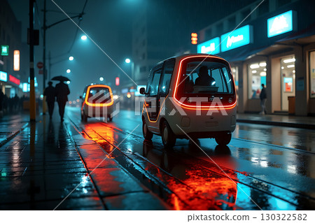 一輛自動駕駛汽車在雨夜中駛過未來城市 130322582