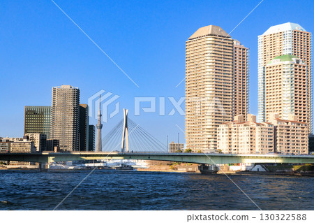 Asakusa, Tokyo: Tokyo cityscape from a water bus Asakusa, Tokyo: Tokyo cityscape from a water bus 130322588
