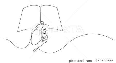 hand holding book open reading concept one line drawing 130322666