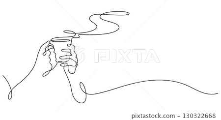 coffee cup holding with steam one line drawing 130322668