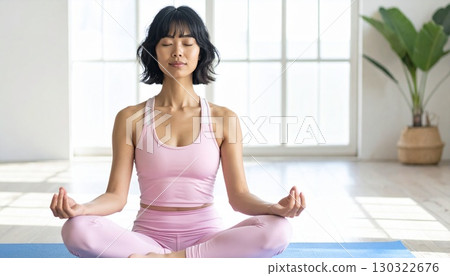 一位日本女性在瑜珈墊上冥想的半身照 130322676