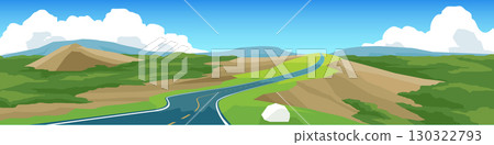 Horizontal or Landscape view illustration banner of asphalt road. winding asphalt road on a mountain ridge. Green forest and open fields and mountain under blue sky for background. 130322793