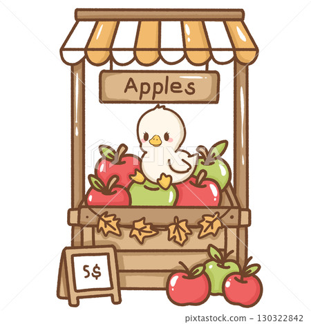 Cute kawaii baby silly goose illustration sitting on top of pile of apples at the farmers market stall adorable hand drawn cartoon style artwork perfect for children nursery prints greeting cards 130322842
