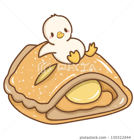 Cute kawaii baby silly goose illustration sitting on top of an apple turn over pie hand drawn cartoon style artwork perfect for children nursery prints greeting cards and stickers 130322844