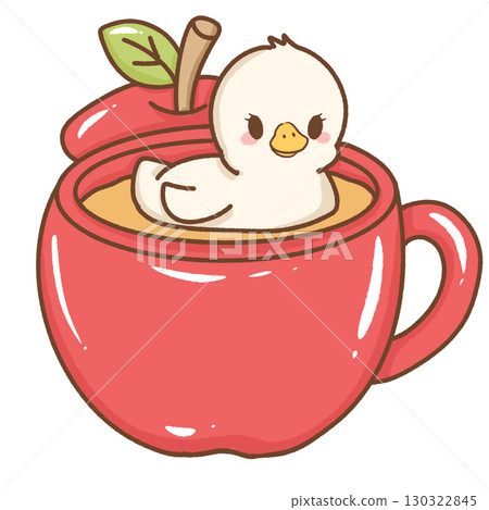 Cute kawaii baby silly goose illustration swimming in an apple mug hand drawn cartoon style artwork perfect for children nursery prints greeting cards and stickers 130322845