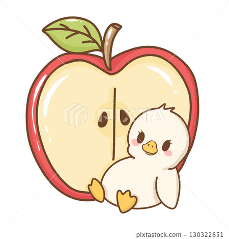 Cute kawaii baby silly goose illustration leaning against a giant red apple adorable hand drawn cartoon style artwork perfect for children nursery prints greeting cards and stickers 130322851