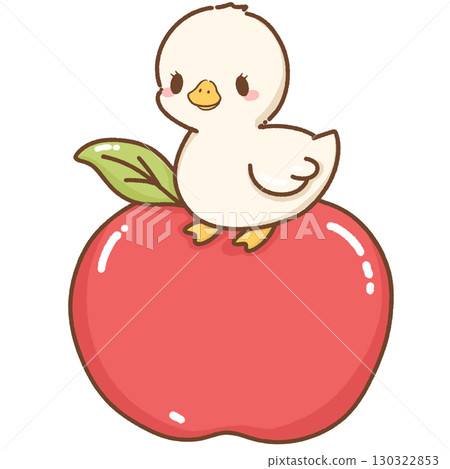 Cute kawaii baby silly goose illustration sitting on top of a red apple adorable hand drawn cartoon style artwork perfect for children nursery prints greeting cards and stickers 130322853