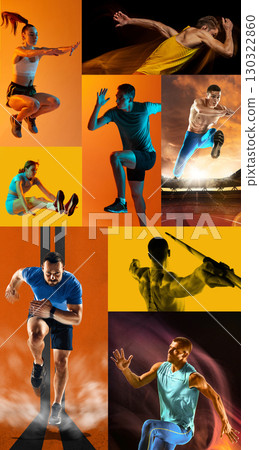 Seven athletes in action collage with colorful dynamic lighting and motion 130322860