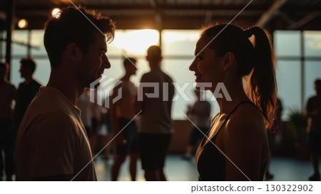 Young couple gracefully dancing Kizomba together in a beautiful dance studio at sunset Young couple gracefully dancing Kizomba together in a beautiful dance studio at sunset 130322902