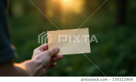 A Hand Gracefully Holding a Blank Paper in Front of a Blurred Forest During a Beautiful Sunset. Mock-up A Hand Gracefully Holding a Blank Paper in Front of a Blurred Forest During a Beautiful Sunset. Mock-up 130322909
