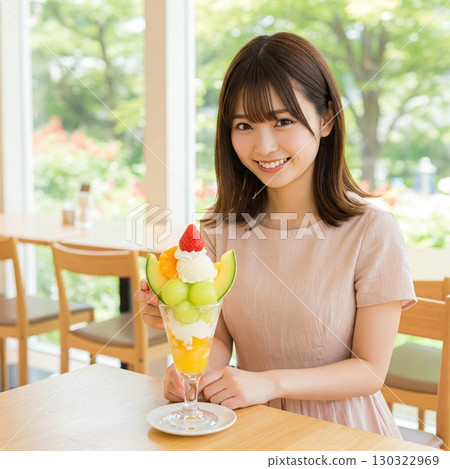 微笑的女人正在享用甜瓜和橙子果凍糕 | 咖啡館甜點 微笑的女人正在享用甜瓜和橙子果凍糕 | 咖啡館甜點 130322969