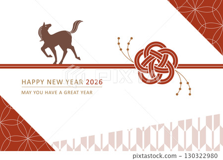 2026年馬年新年賀卡 - 時尚可愛的梅花水引和馬的剪影 - 日式圖案 130322980