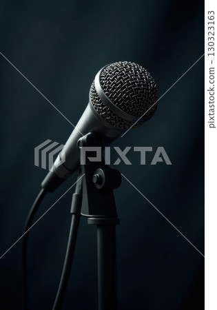Microphone standing on a stand in a dark room, ready for a performance 130323163