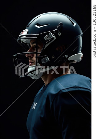 American football player wearing helmet and uniform on black background 130323169