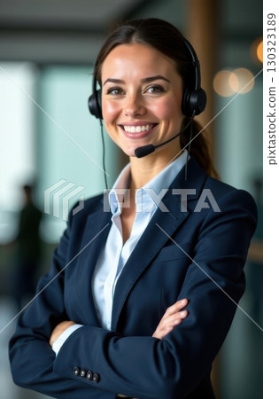 Smiling operator wearing headset and standing with crossed arms in office 130323189