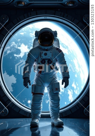Astronaut standing in spaceship and observing planet earth from window 130323193