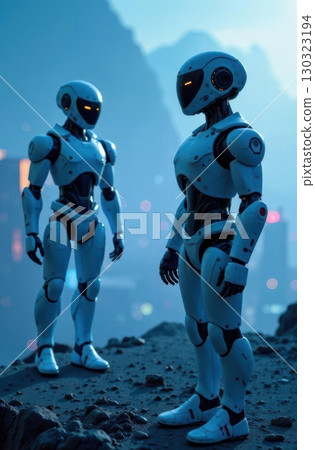 Two futuristic robots exploring alien planet at night 130323194