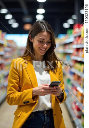 Smiling woman using smartphone in supermarket while shopping groceries Smiling woman using smartphone in supermarket while shopping groceries 130323196