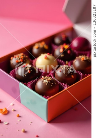 Chocolate confectionery pralines decorated with sprinkles in gift box Chocolate confectionery pralines decorated with sprinkles in gift box 130323197