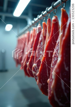 Fresh red meat hanging in a slaughterhouse processing plant Fresh red meat hanging in a slaughterhouse processing plant 130323206