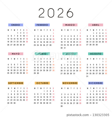 2026 calendar in modern square design with colorful monthly headers. Minimal typography and clean layout for planning and scheduling. Printable yearly planner template in Spanish language. 130323305