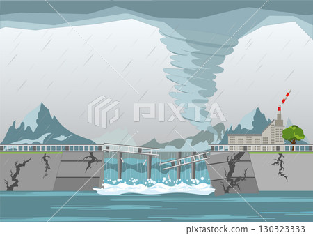 Strong tornado destroy dam collapse and heavy rain drops. 130323333