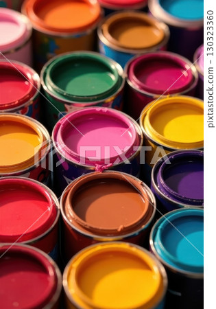 Colorful paint cans forming a vibrant and creative background 130323360