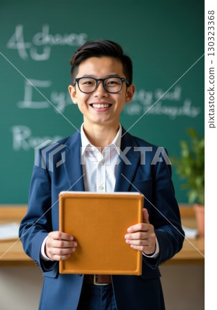 Smiling asian student holding book in classroom with green chalkboard 130323368