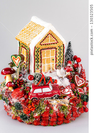 Christmas tree table handmade arrangement mini decoration for new year artificial on white background isolated 130323505