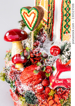 Christmas tree table handmade arrangement mini decoration for new year artificial on white background isolated 130323506